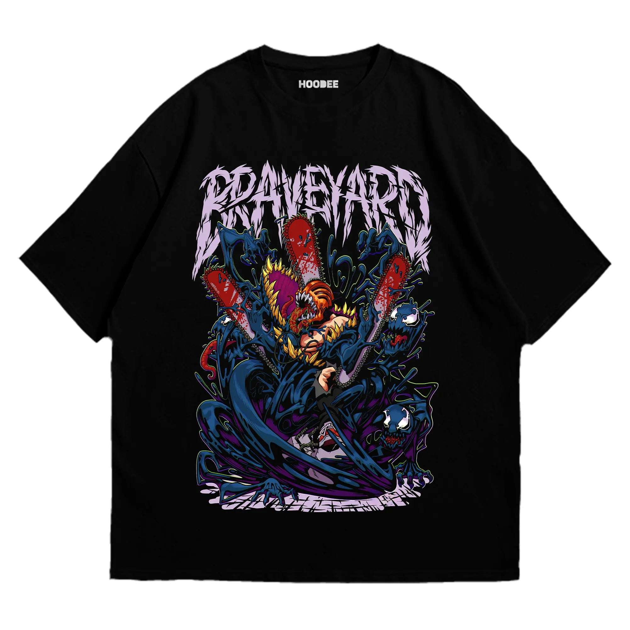 Playera oversize Chainsaw man # 2 negro modelo hombre vista trasera HOODEE