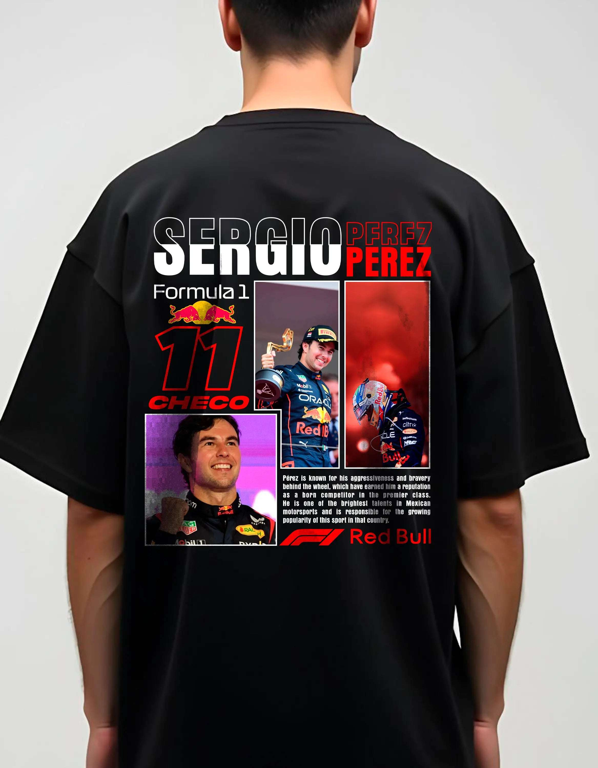 Playera oversize Checo Pérez modelo hombre vista frontal HOODEE