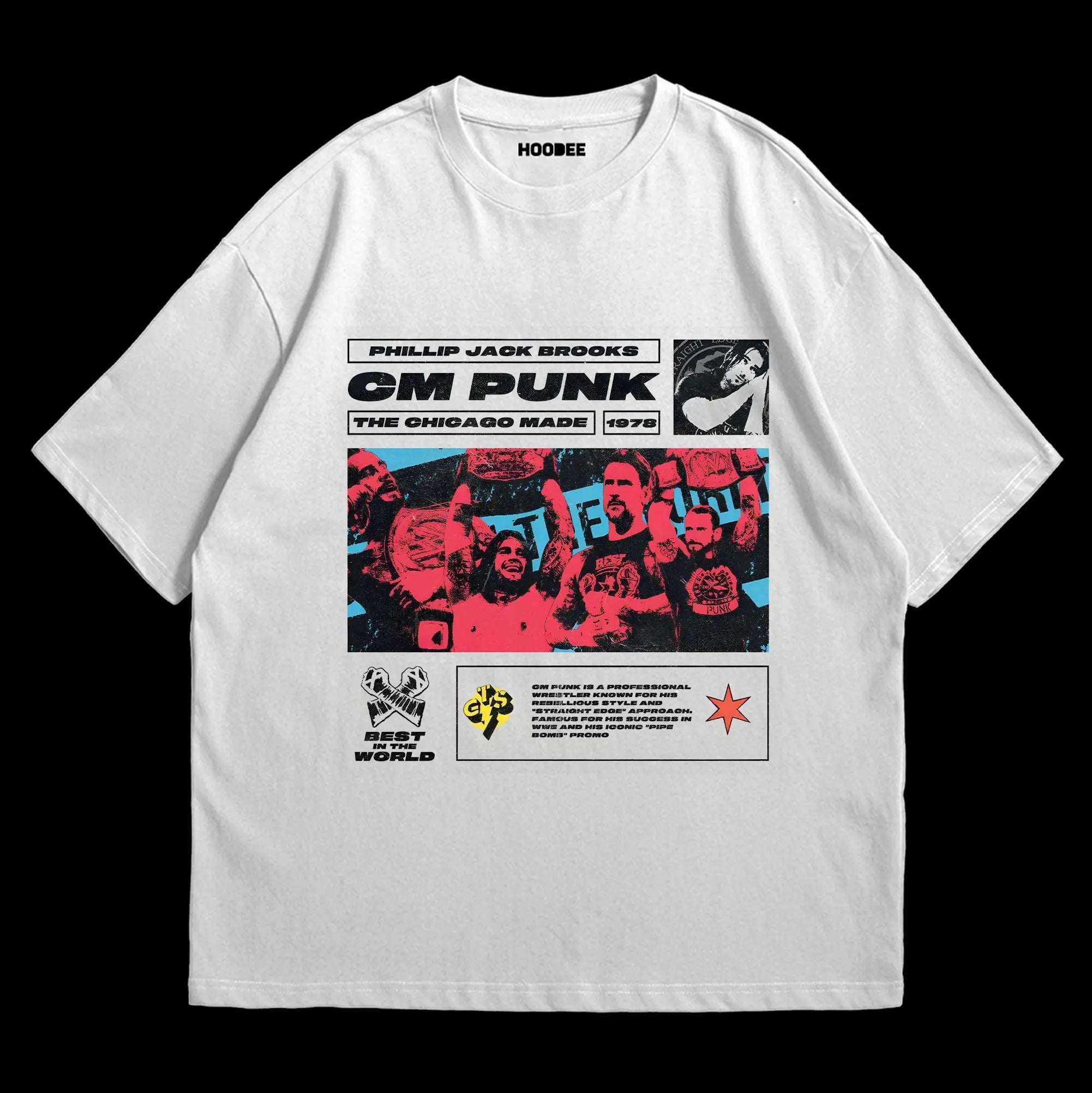 Playera oversize CM Punk # 1 Best in the World blanco vista trasera HOODEE