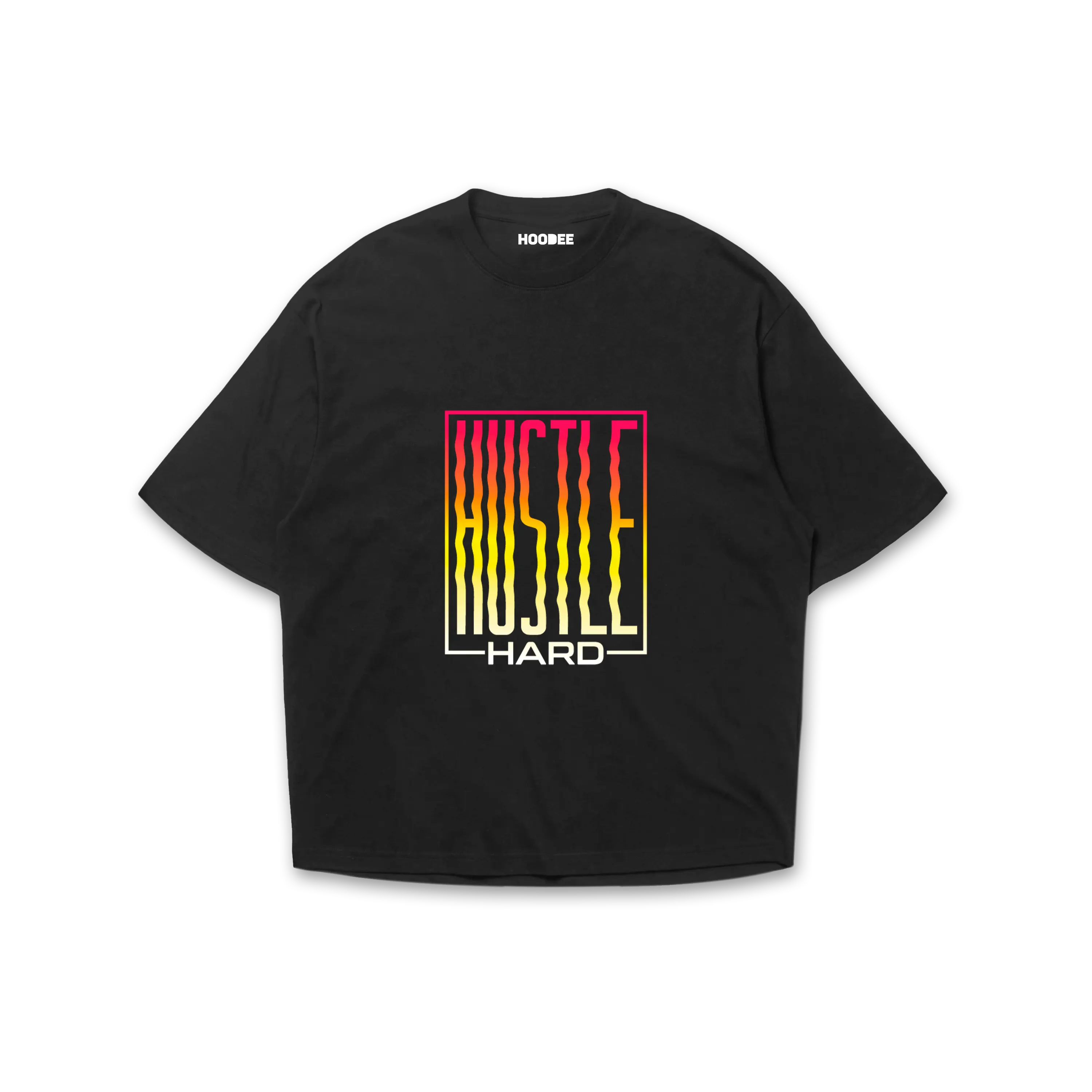 Playera oversize Hustle hard negro vista frontal HOODEE