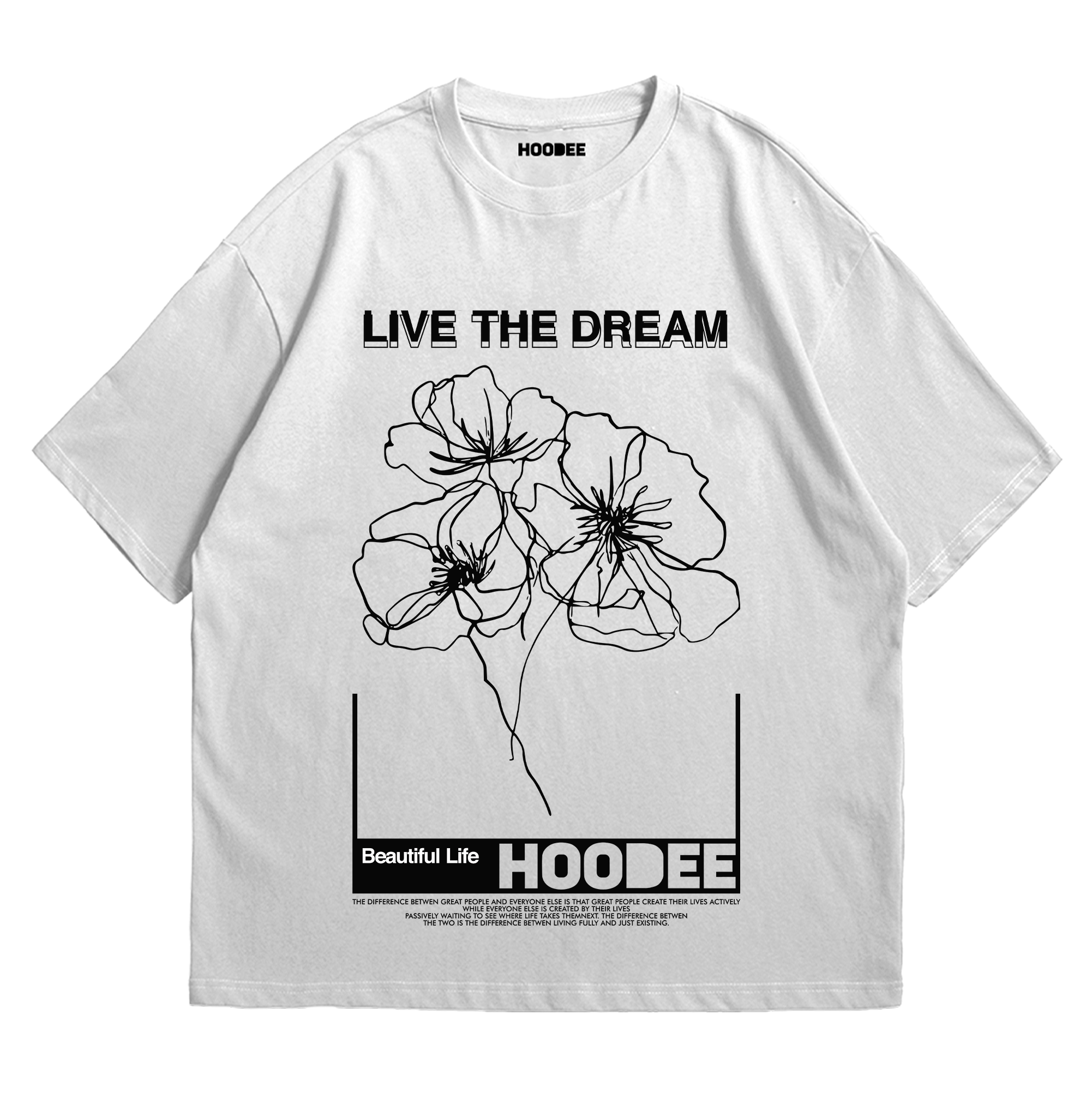 Playera oversize Live the dream blanco vista trasera HOODEE