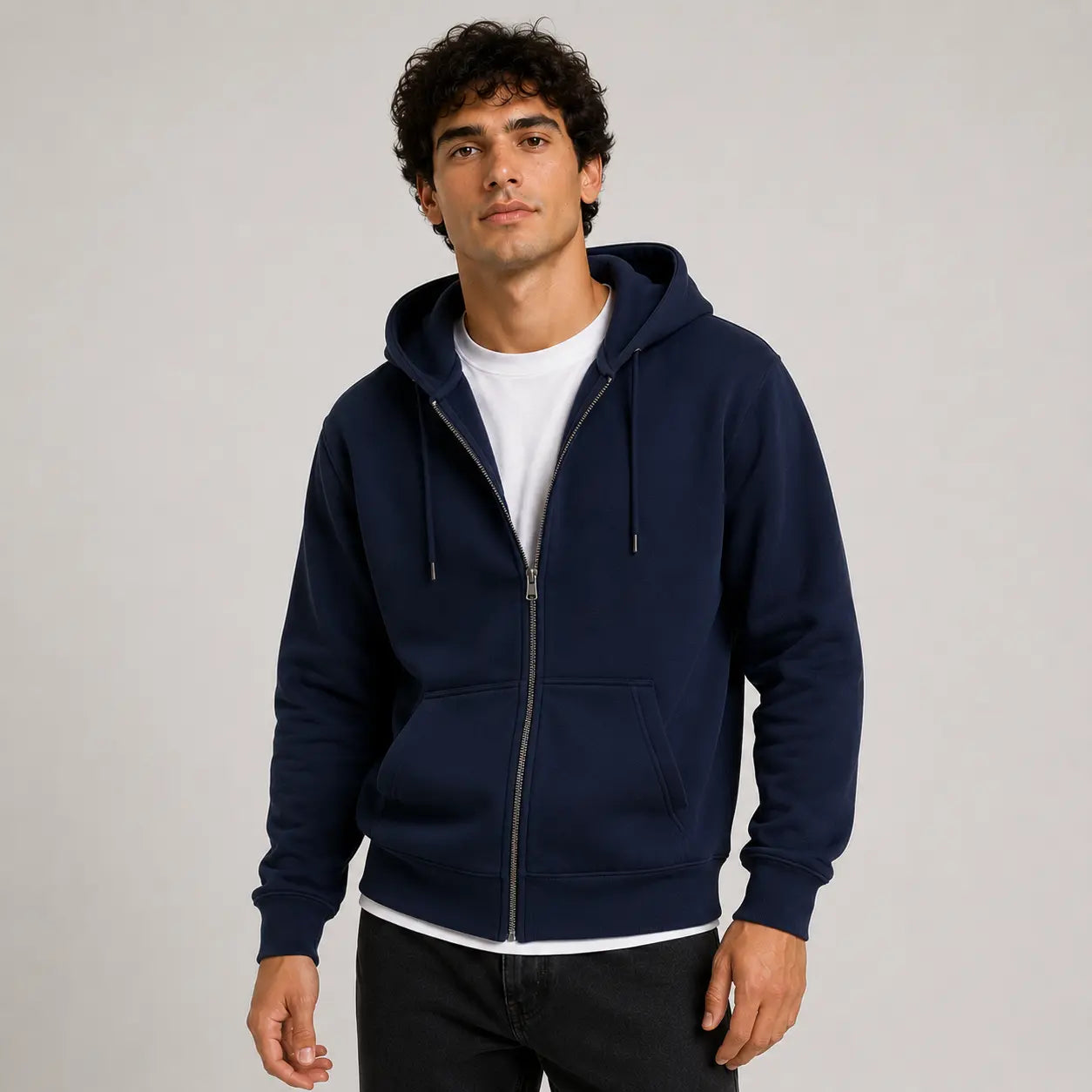 Sudadera con capucha azul marino, vista frontal, con cierre y cordones ajustables. Prenda cómoda y versátil para uso diario.