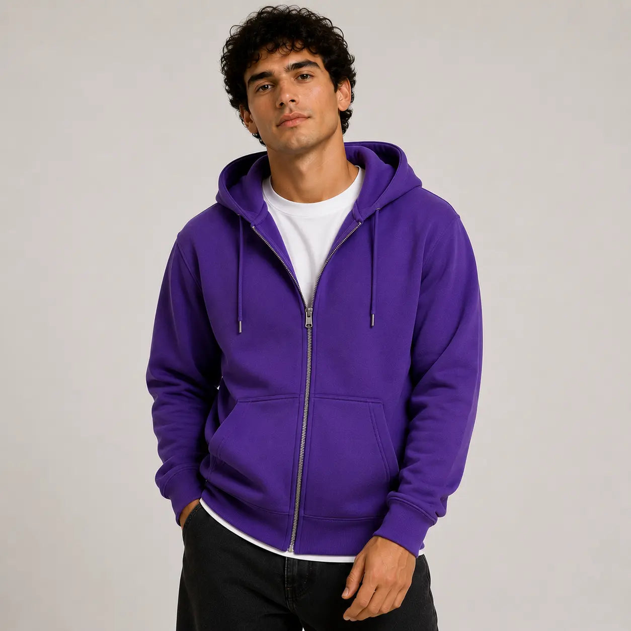 Sudadera con capucha de color morado, vista frontal, con cierre y cordones del mismo tono.