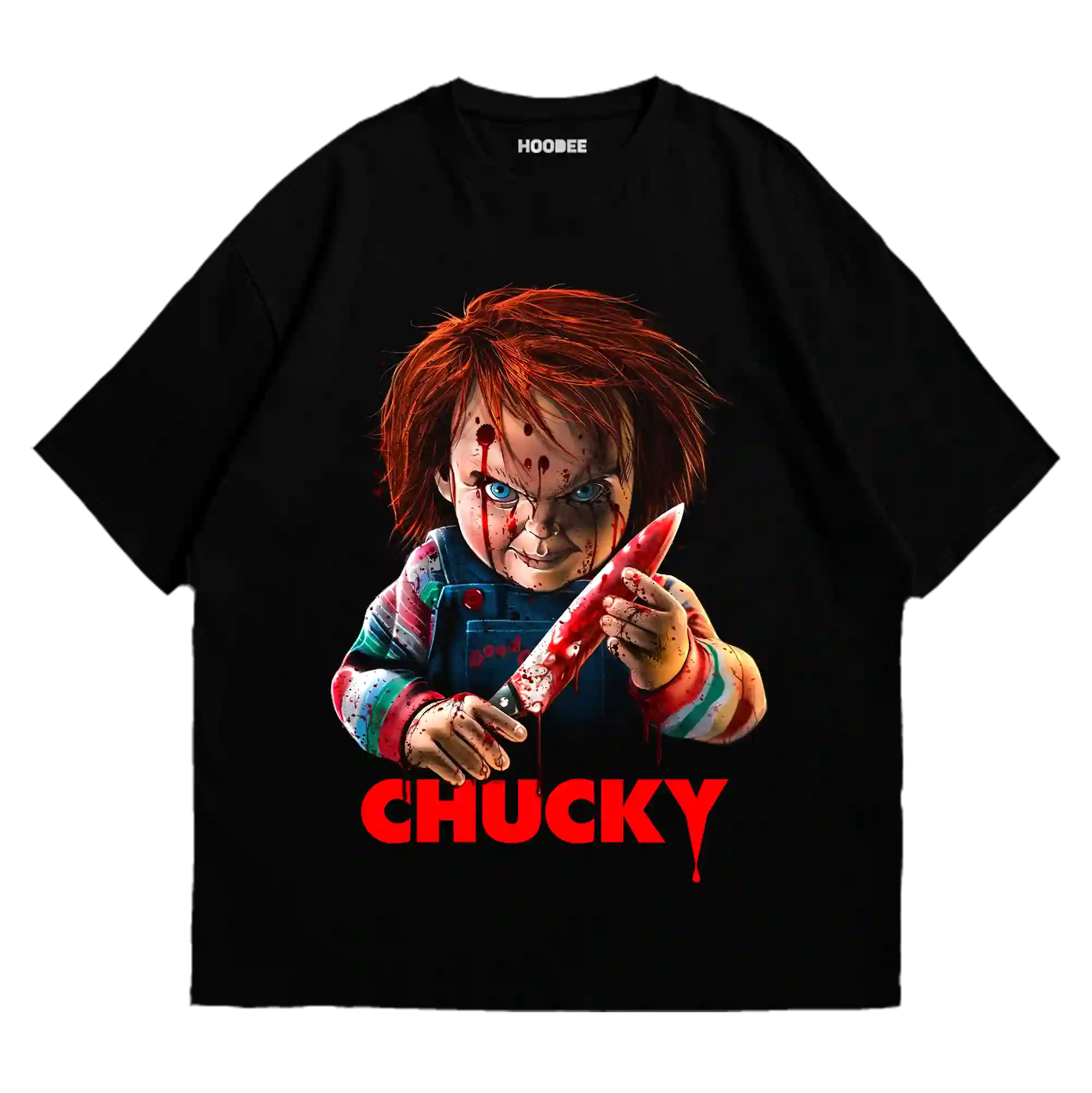 Playera oversize con ilustración de Chucky y cuchillo ensangrentado