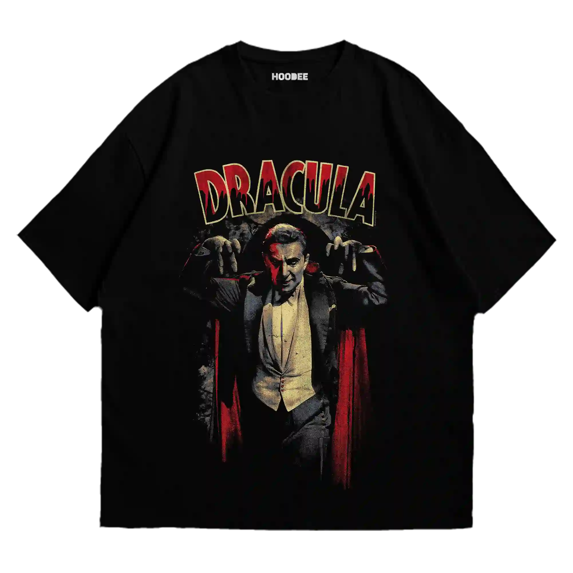 Playera oversize con diseño del conde Drácula en estilo gótico blanco y negro