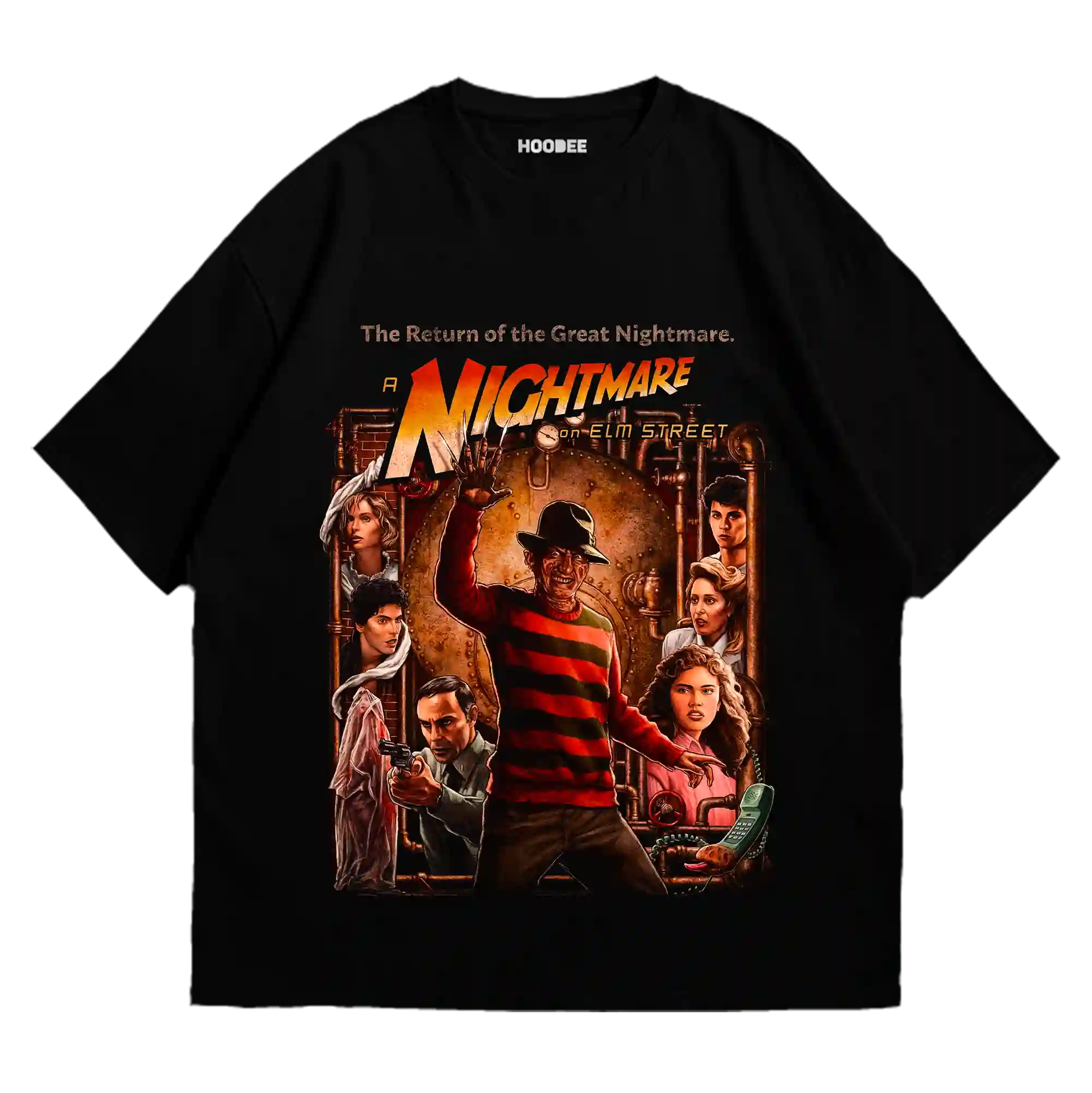 Playera oversize con diseño de Freddy Krueger en pose frontal con guante de cuchillas