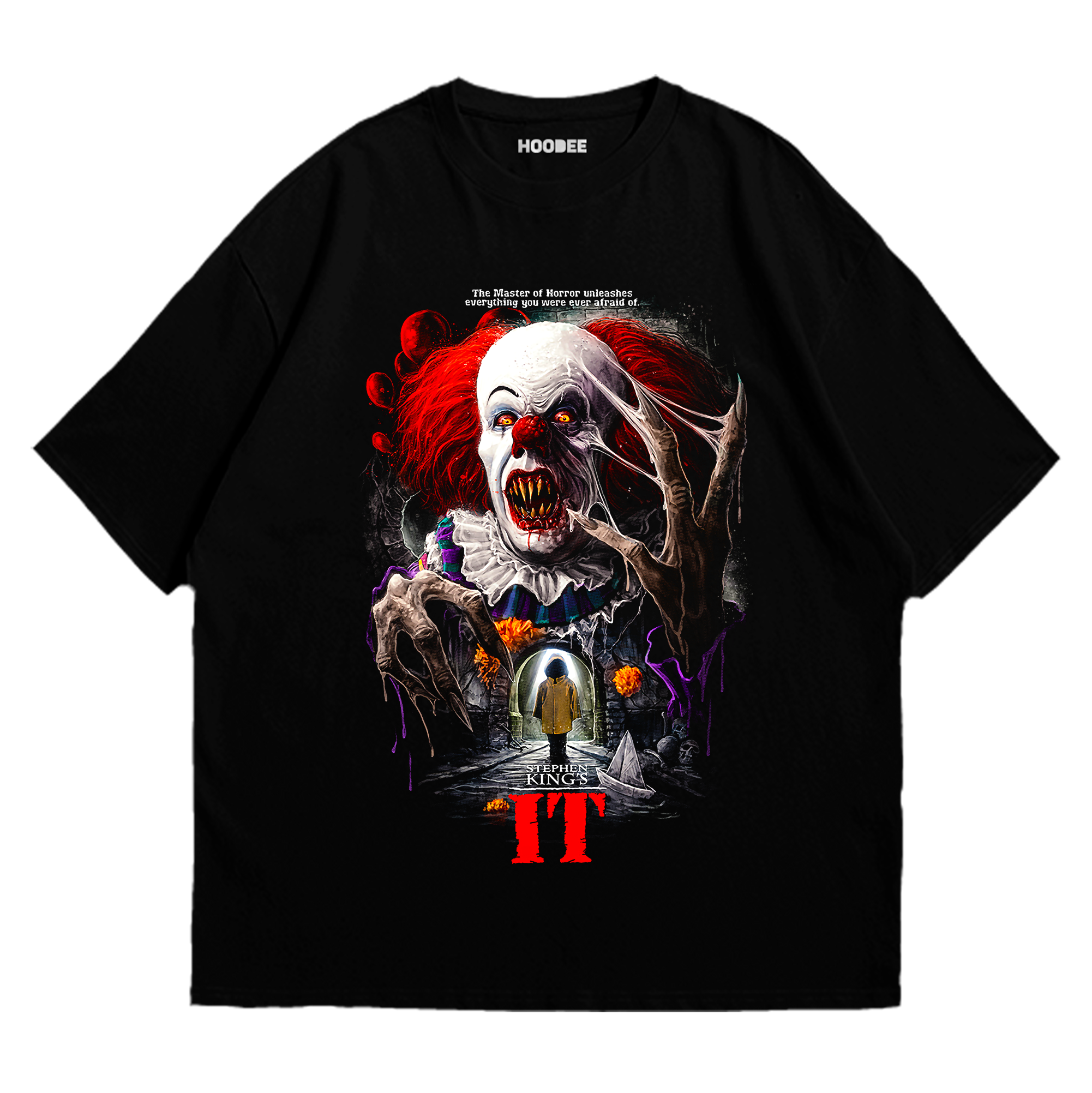 Playera oversize con ilustración de Pennywise inspirada en IT de Stephen King
