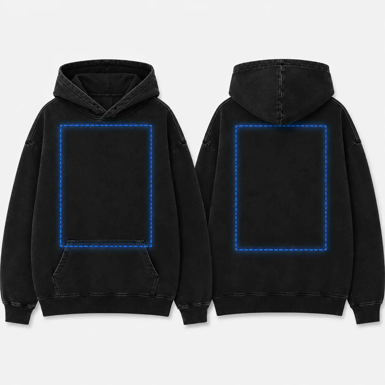 Sudadera negra con capucha, vista frontal y trasera. Presenta áreas marcadas para personalización en la parte delantera y trasera.