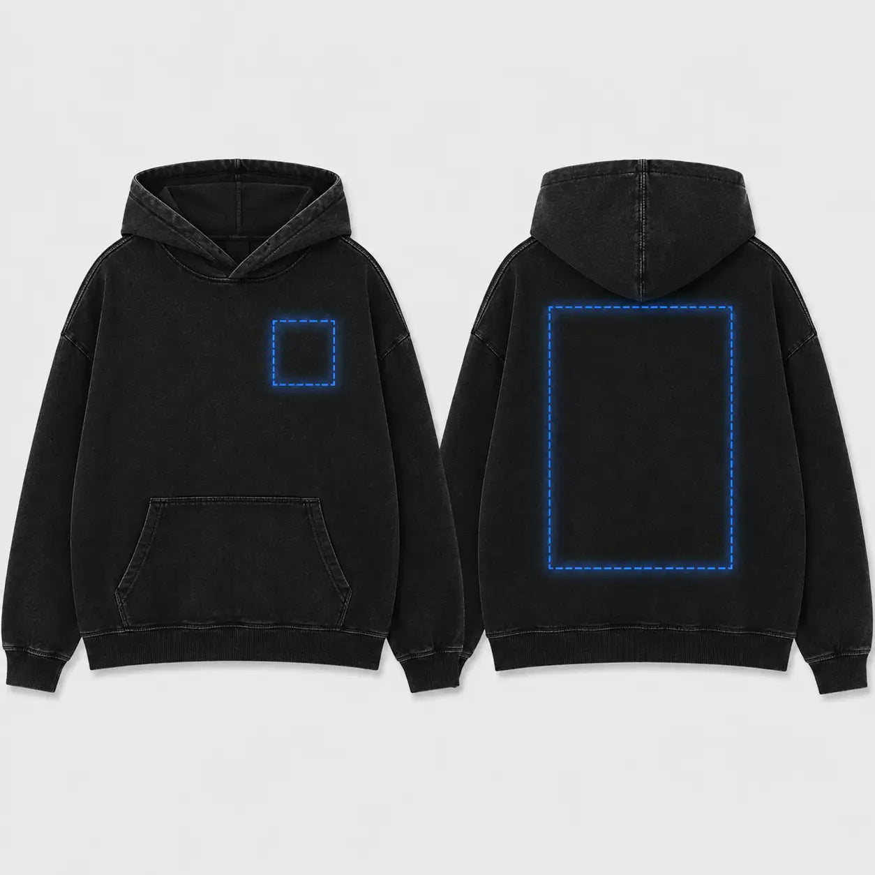 Sudadera negra con capucha, vista frontal y trasera. Tiene un diseño gráfico en un recuadro azul en el frente y.