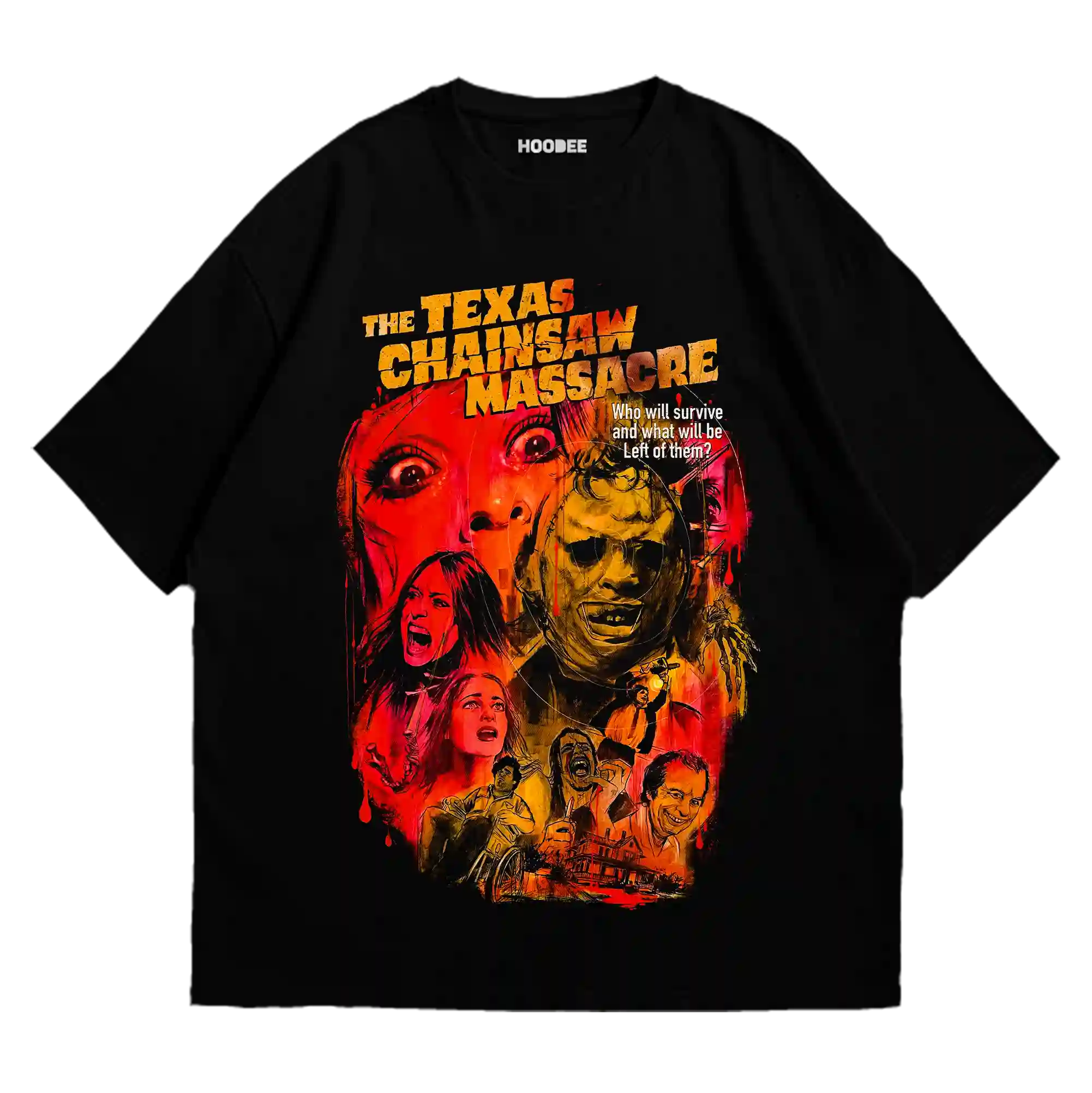 Mockup de playera oversize con diseño de Leatherface de The Texas Chain Saw Massacre
