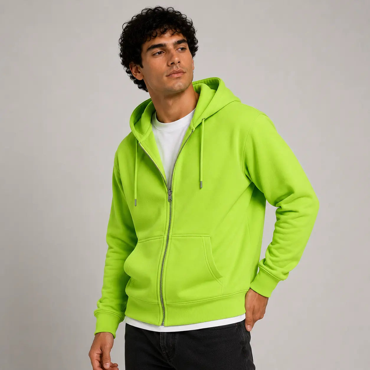 Sudadera con capucha color verde neón, vista frontal, con cierre y bolsillos laterales. Prenda cómoda y versátil para uso diario.