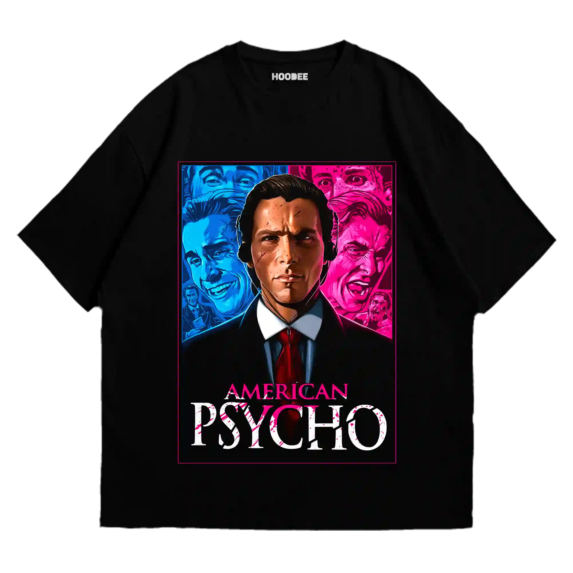 Playera oversize con ilustración de Patrick Bateman de American Psycho con hacha