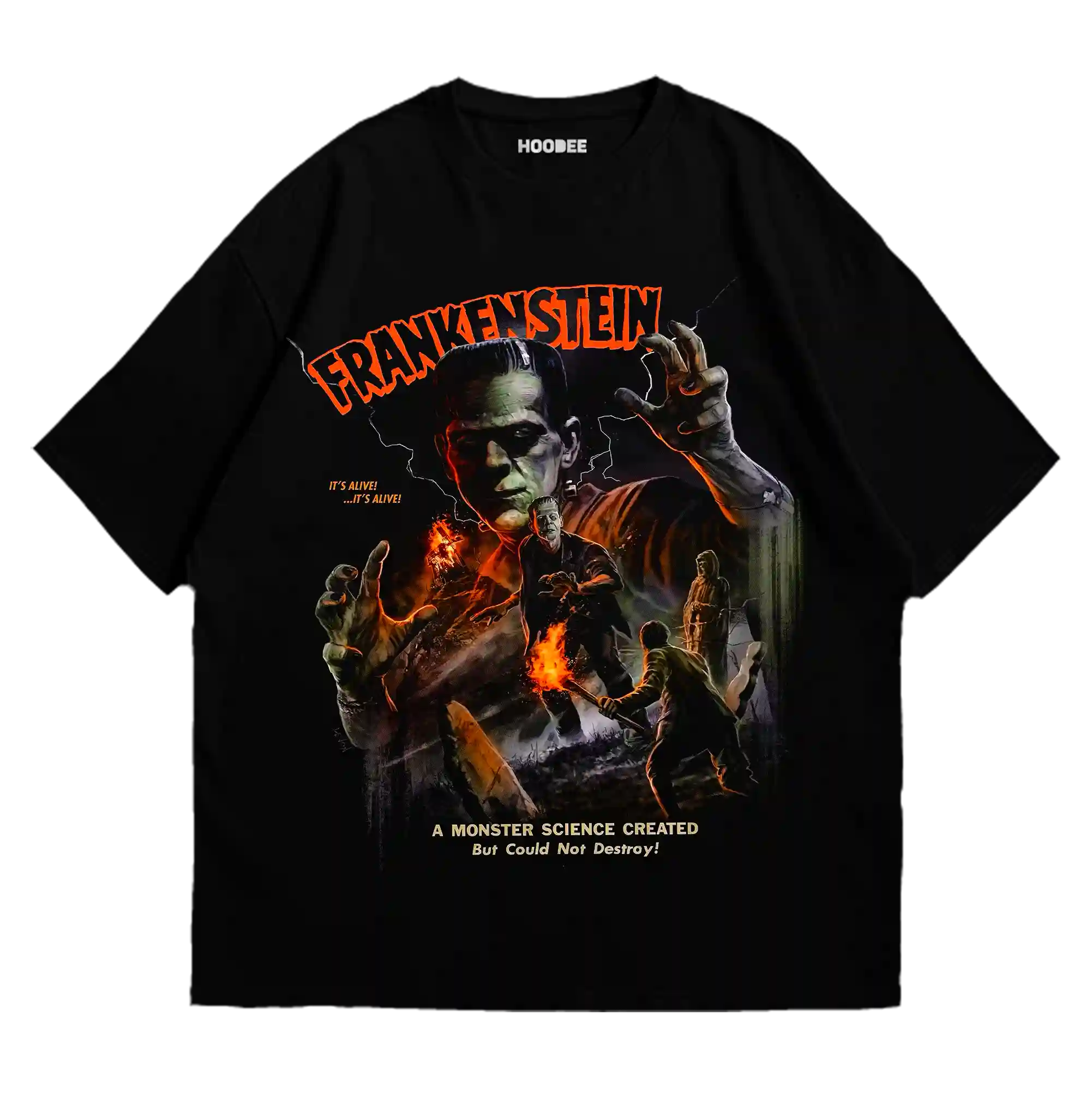 Playera oversize con diseño clásico de Frankenstein de frente en blanco y negro