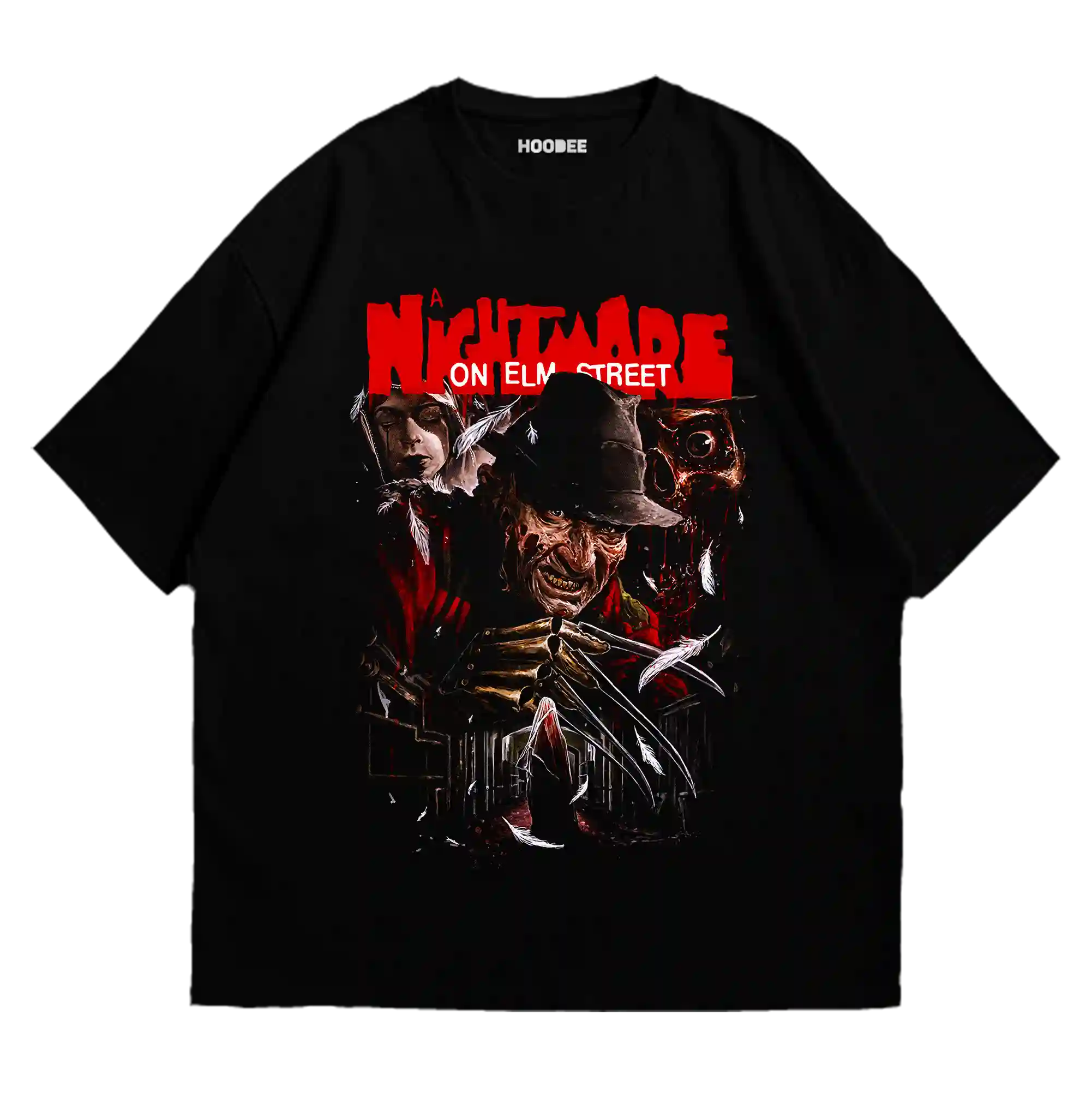 Playera oversize con diseño de Freddy Krueger en primer plano con fondo oscuro