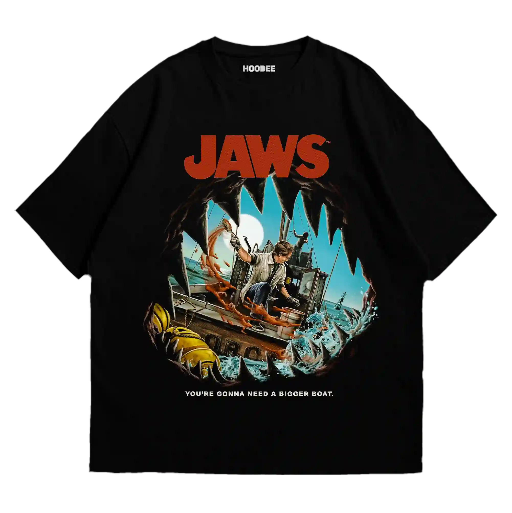 Playera oversize con diseño del tiburón Jaws inspirado en el clásico del cine