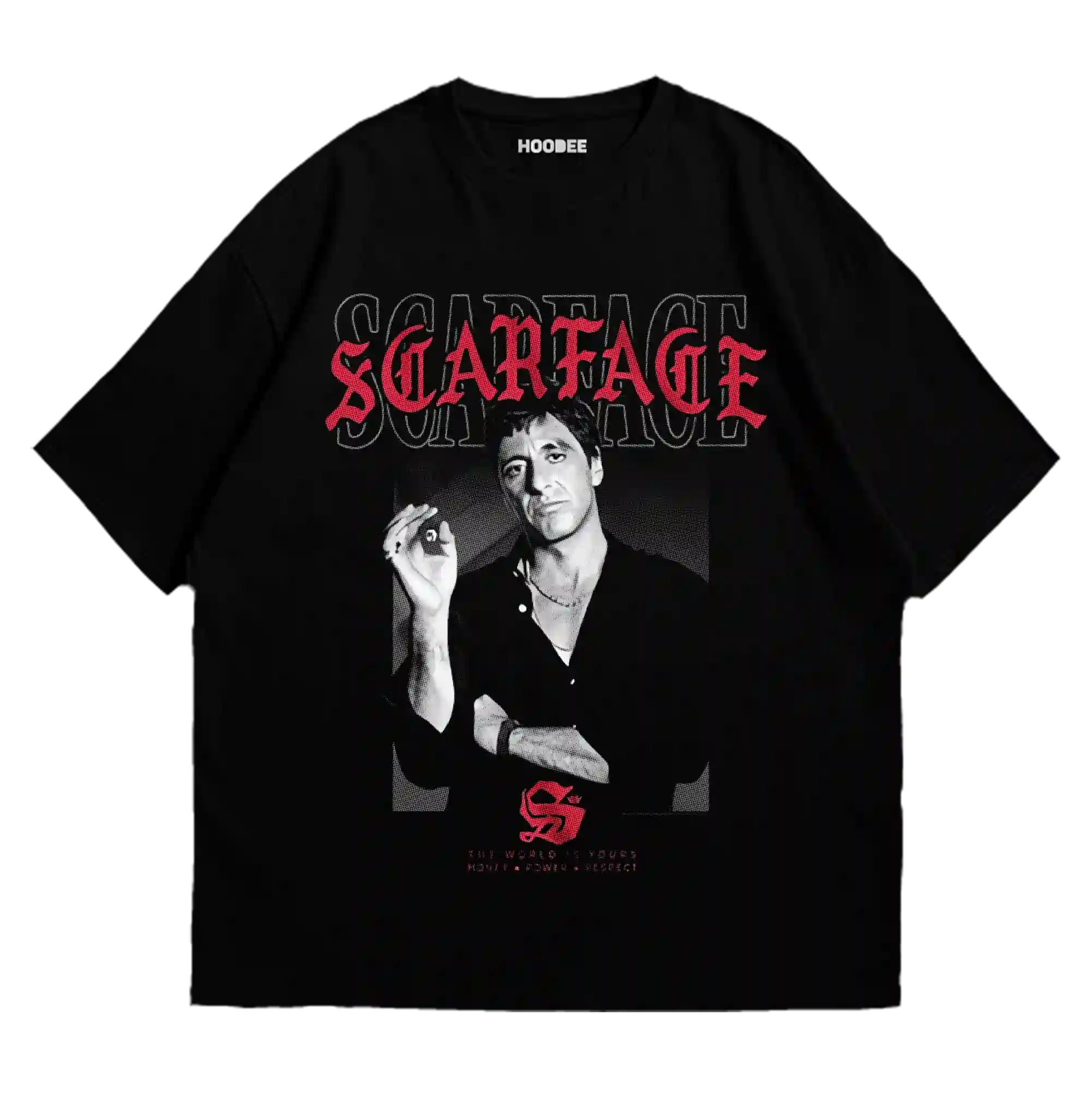 Playera oversize negra con Tony Montana de Scarface y tipografía roja